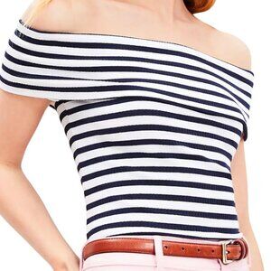 LOFT Stripe Ribbed Off The Shoulder Top in Deep Space Blue Size L NWT